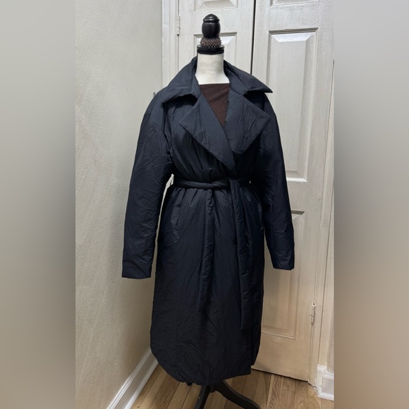 Uniqlo Women M Down Long Trench Coat Black Belted Pockets Lightweight - Picture 6 of 16